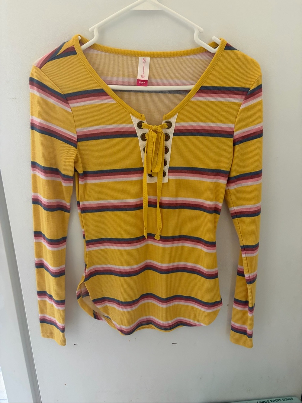 No Boundaries Yellow Striped Lace-Up Ribbed Long Sleeve Top